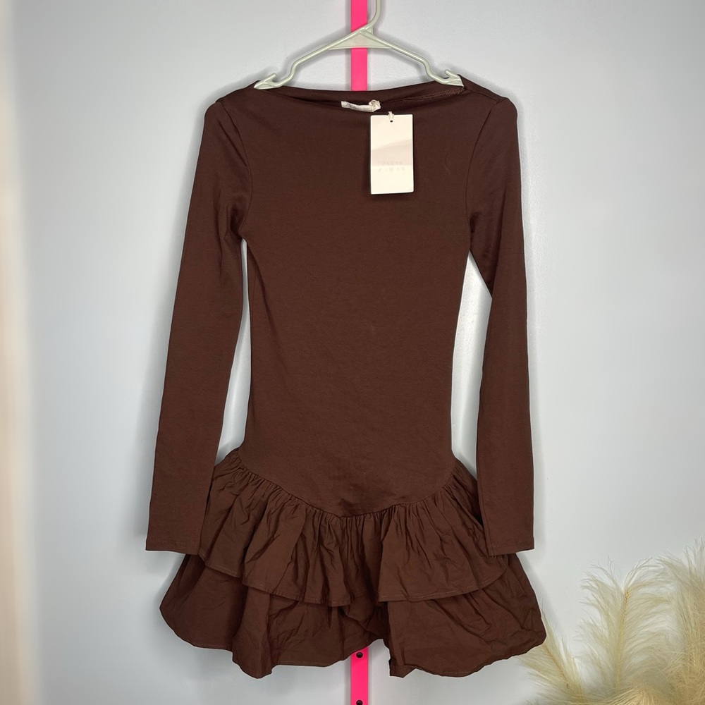 Zara Brown Long Sleeve Ruffle Hem Mini Dress - Picture 2 of 3